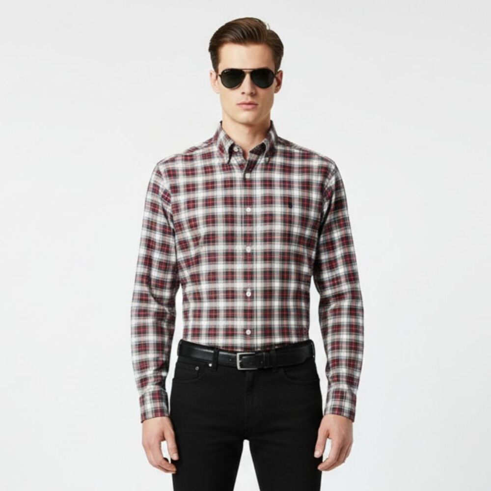 Ralph Lauren Men’s White Red Plaid Checks Long Sleeve Button Up & Down Shirt S
